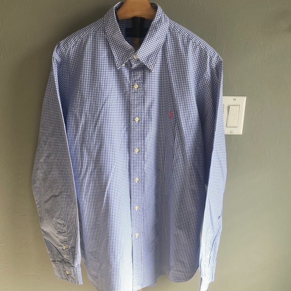 Polo Ralph Lauren Mens Blue Gingham Check Button Down Shirt Pink Pony Logo XL